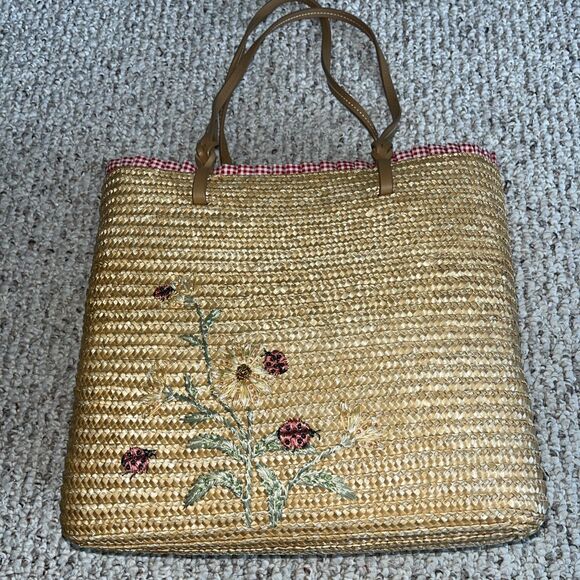 Cappelli Straworld Vintage Women’s Beachy  Boho Tote Purse Ladybugs And Flowers - Picture 1 of 9